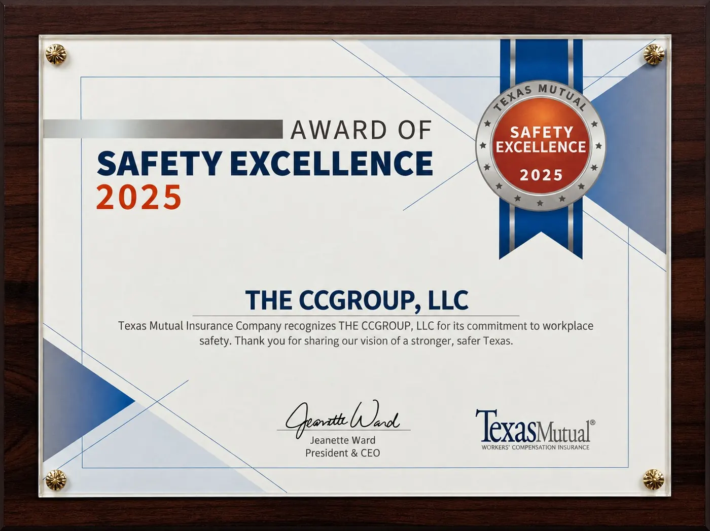 Texas Mutual 2025 Award of Safety Excellence plaque presented to The CCGroup, LLC