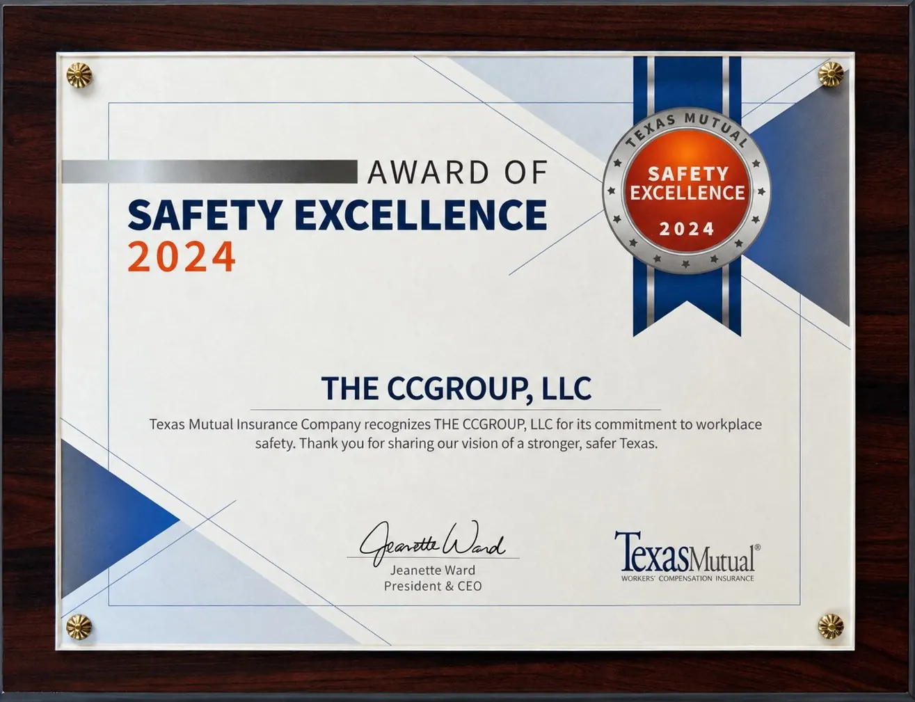 Texas Mutual 2024 Award of Safety Excellence plaque presented to The CCGroup, LLC