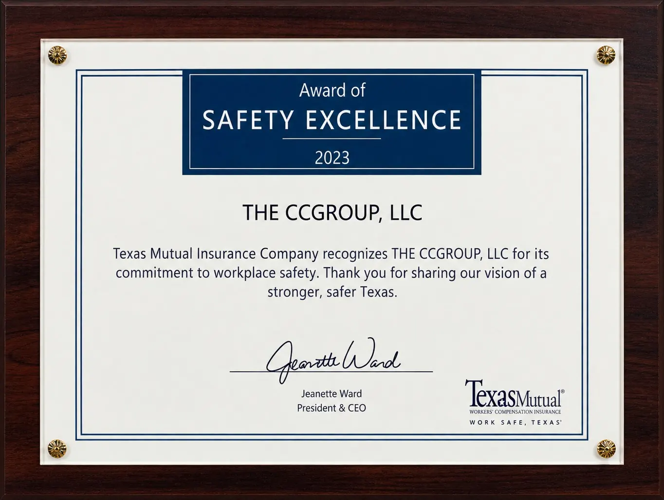 Texas Mutual 2023 Award of Safety Excellence plaque presented to The CCGroup, LLC